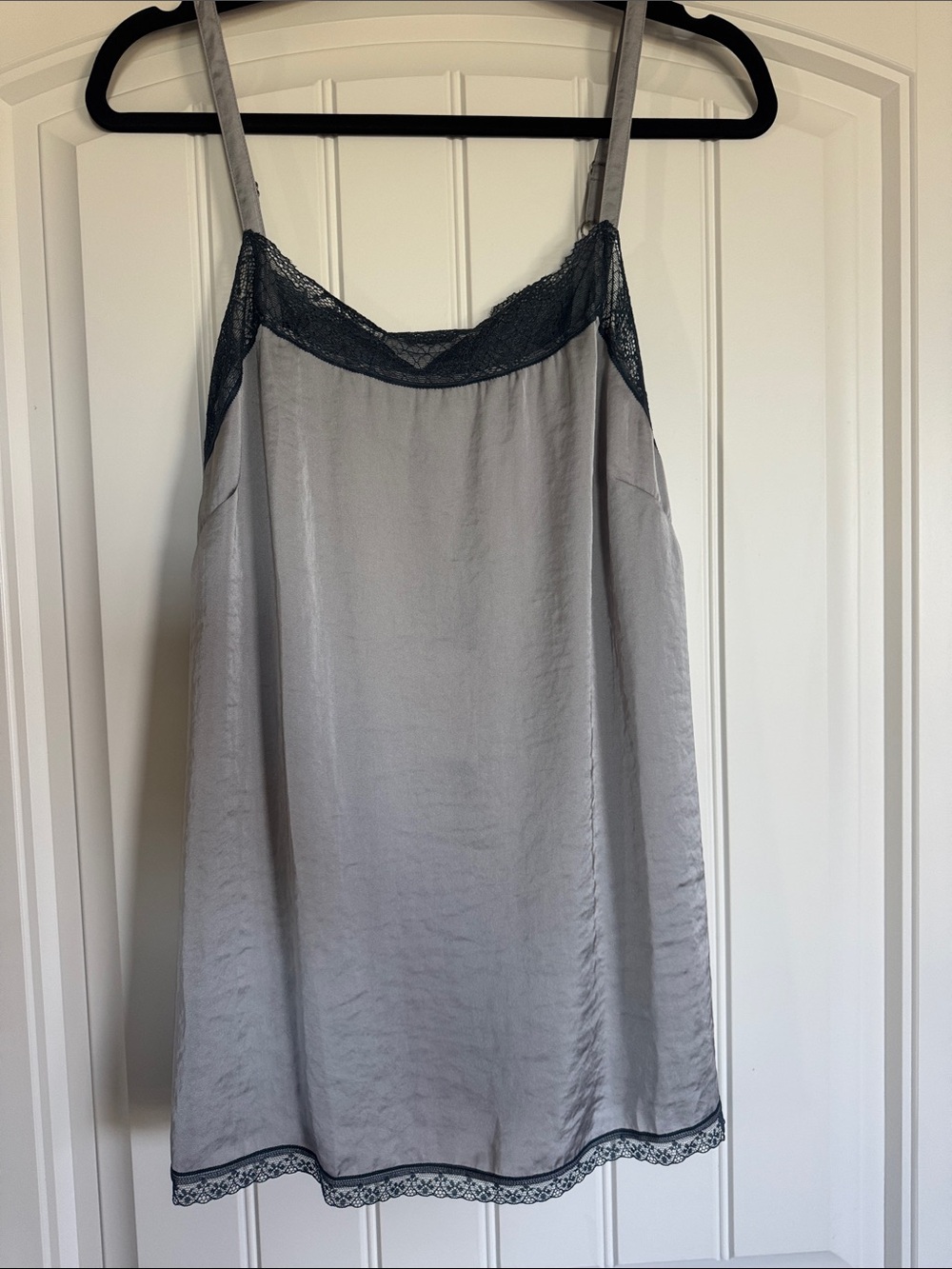 CAbi Silver-Gray Satin Slip with Charcoal Lace Trim